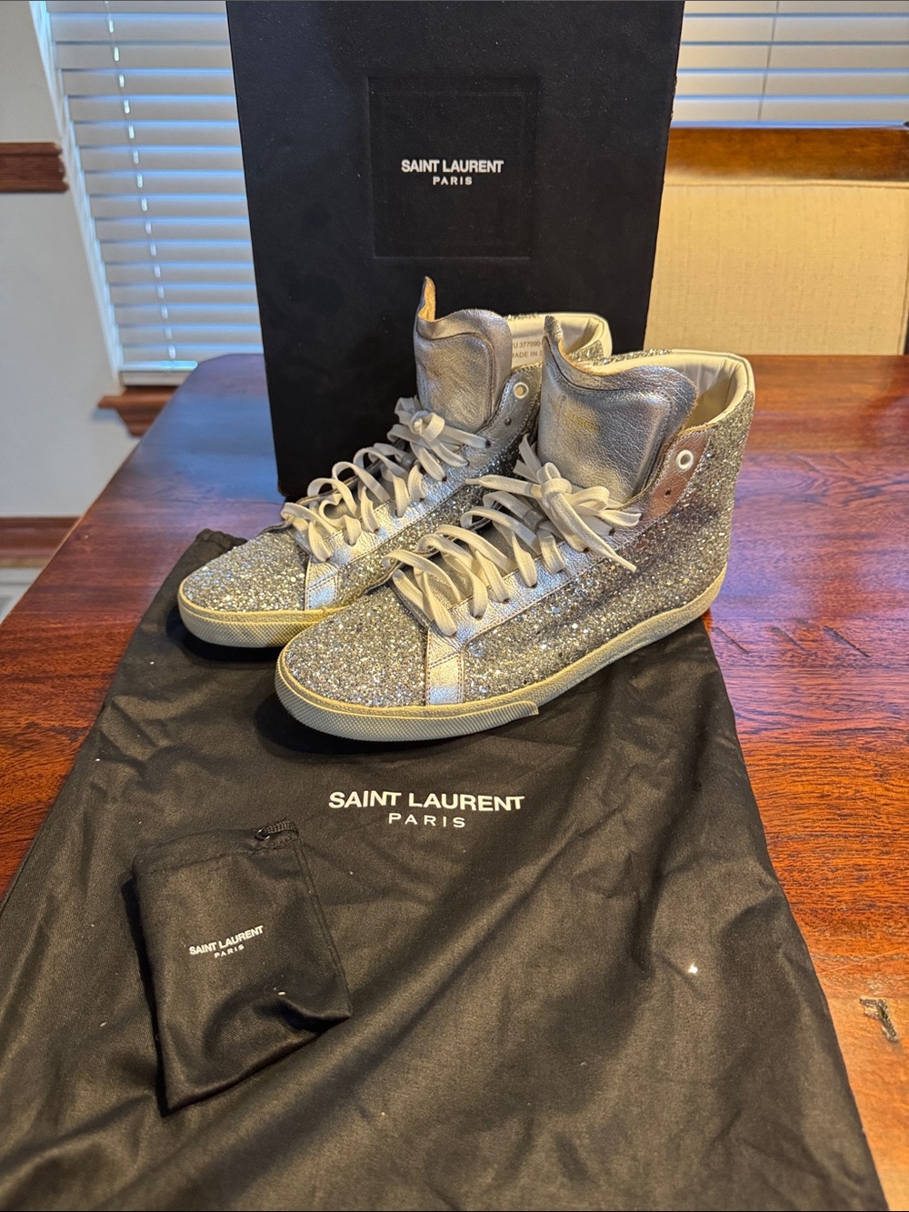 Saint Laurent Silver Glitter High-Top Sneakers with Metallic Accents